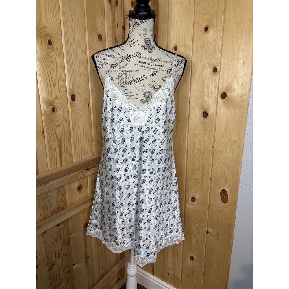 Vintage Victoria Secret Gold Tag  Slip Dress Navy White Floral Coquette Medium